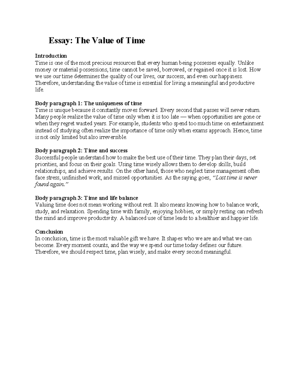 Essay: The Value of Time and Its Impact on Life - Studocu