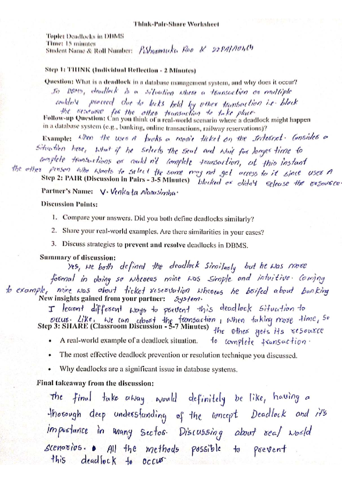 DBMS 22PATA04C4 Worksheet: Understanding Deadlocks in Database Systems ...