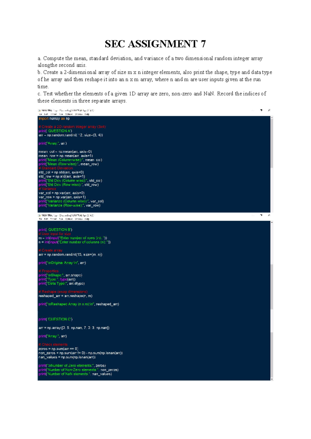 SEC ASSIGNMENT 7 - Numpy Practicals and Statistical Analysis - Studocu