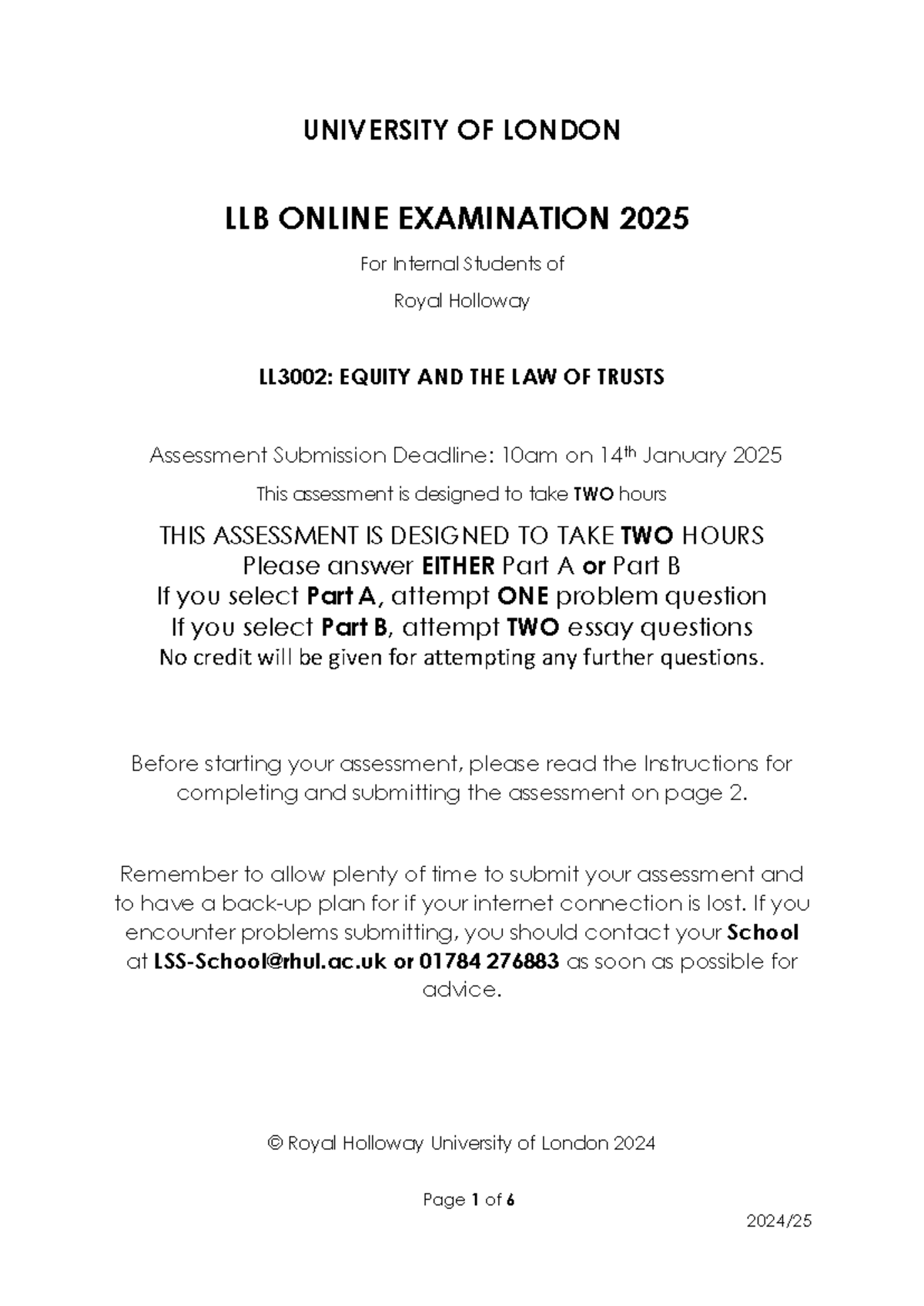 LL3002: Equity and the Law of Trusts Exam Guidelines - January 2025 ...