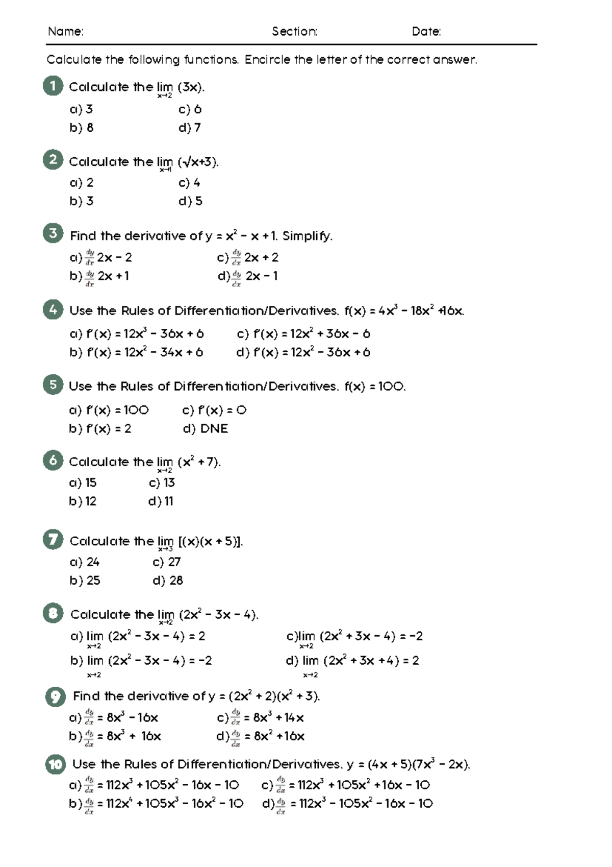 Calculus Questionnaire - Research Instrument for Bas Cal Course - Studocu