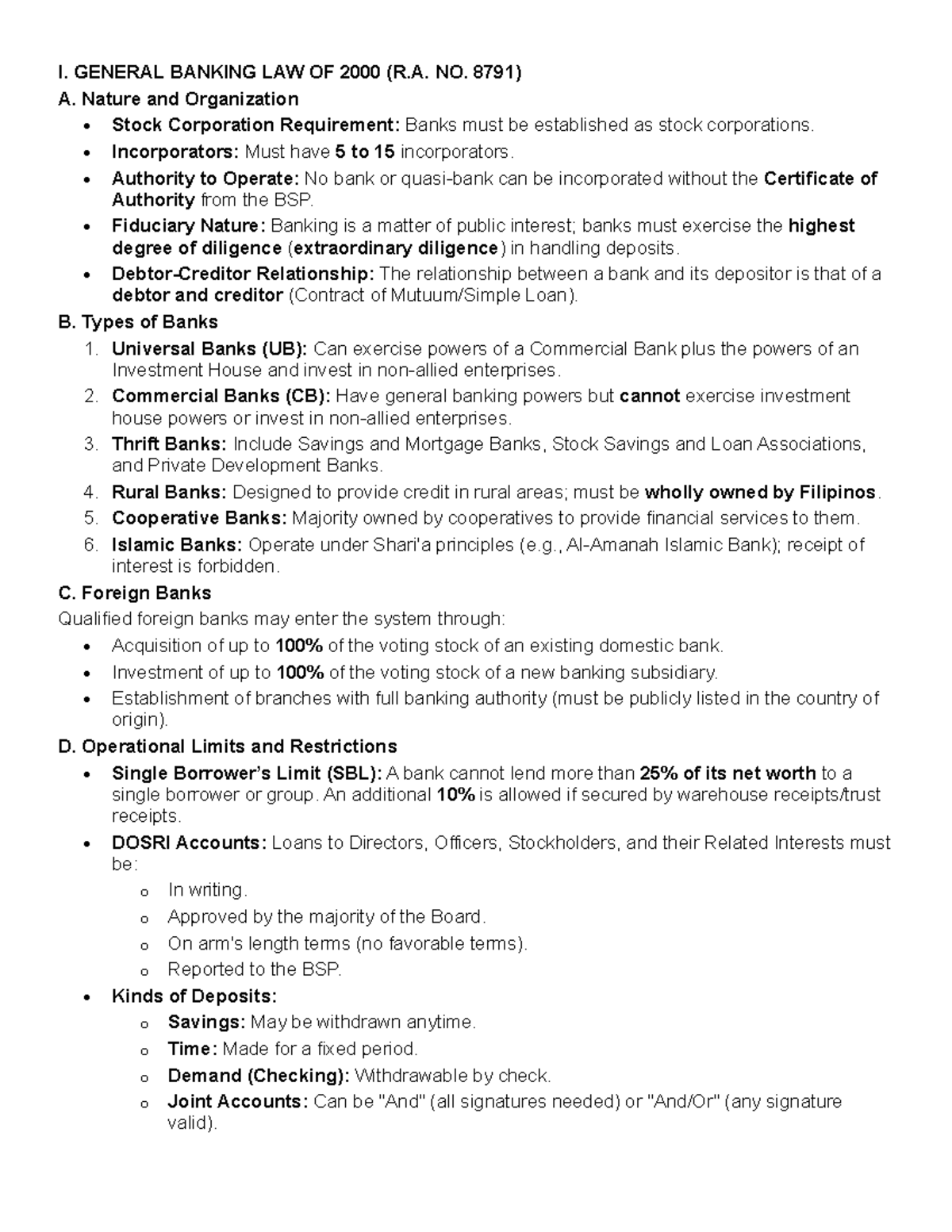 General Banking Law Overview (R.A. No. 8791) and Related Acts - Studocu