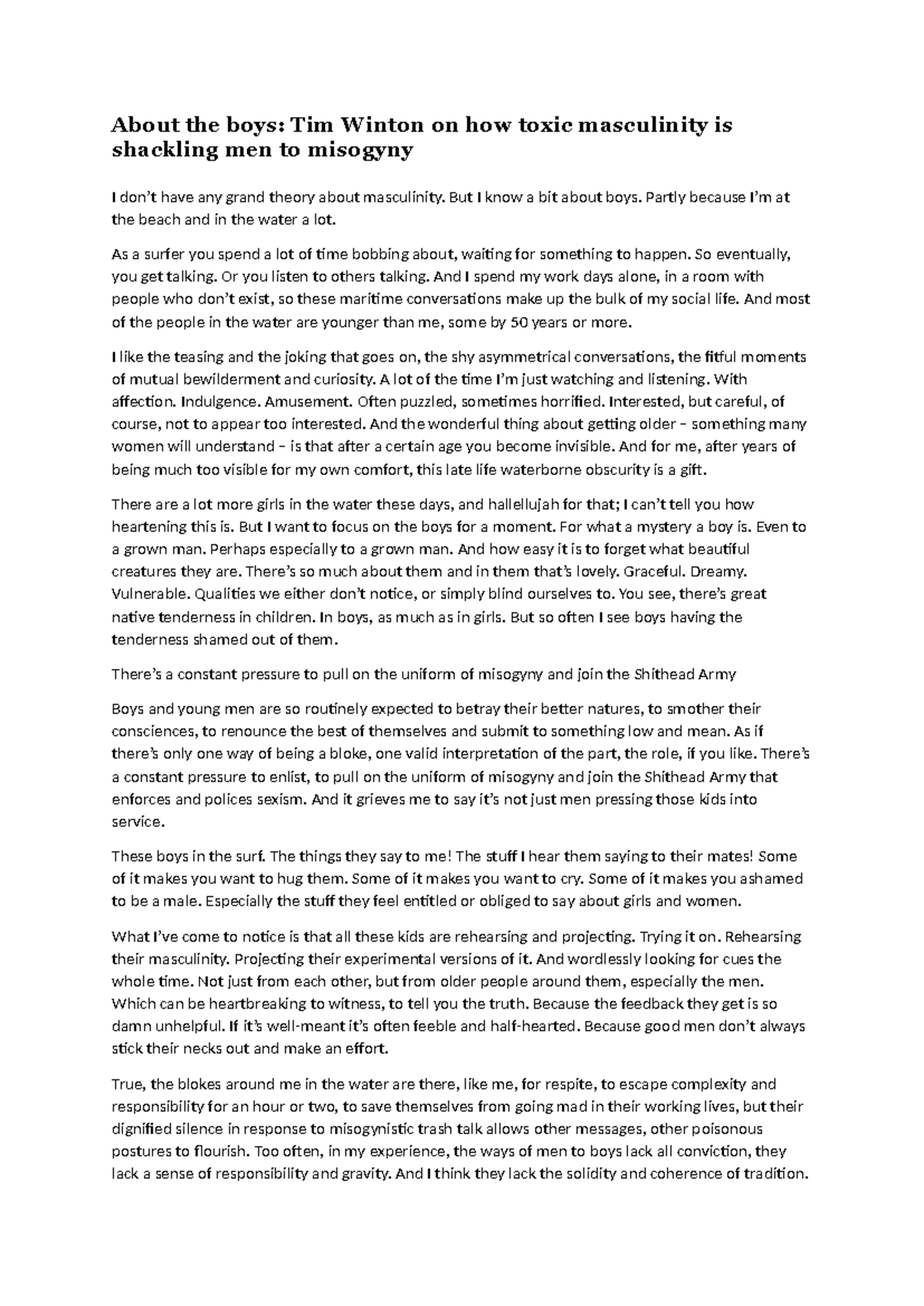 Toxic Masculinity and Its Impact on Boys: A Reflection by Tim Winton ...