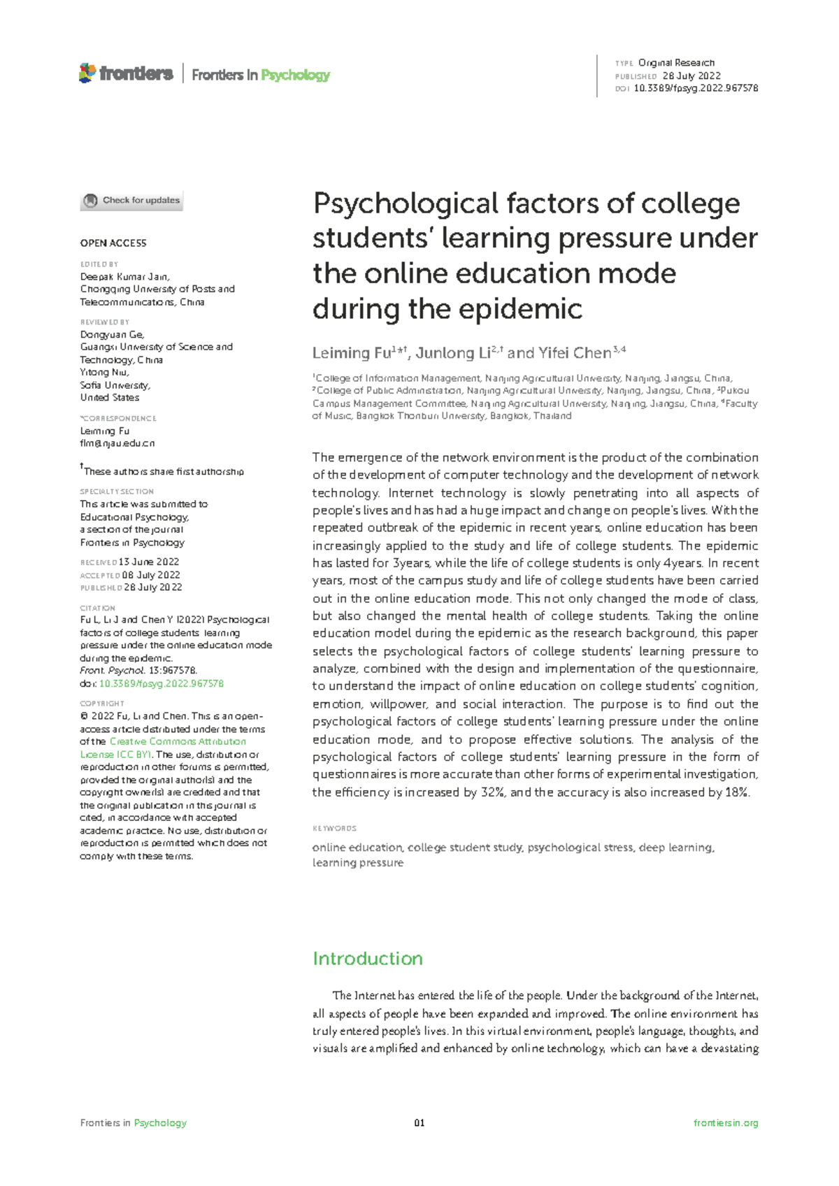 Psychological Factors of College Learning Pressure in Online Education ...