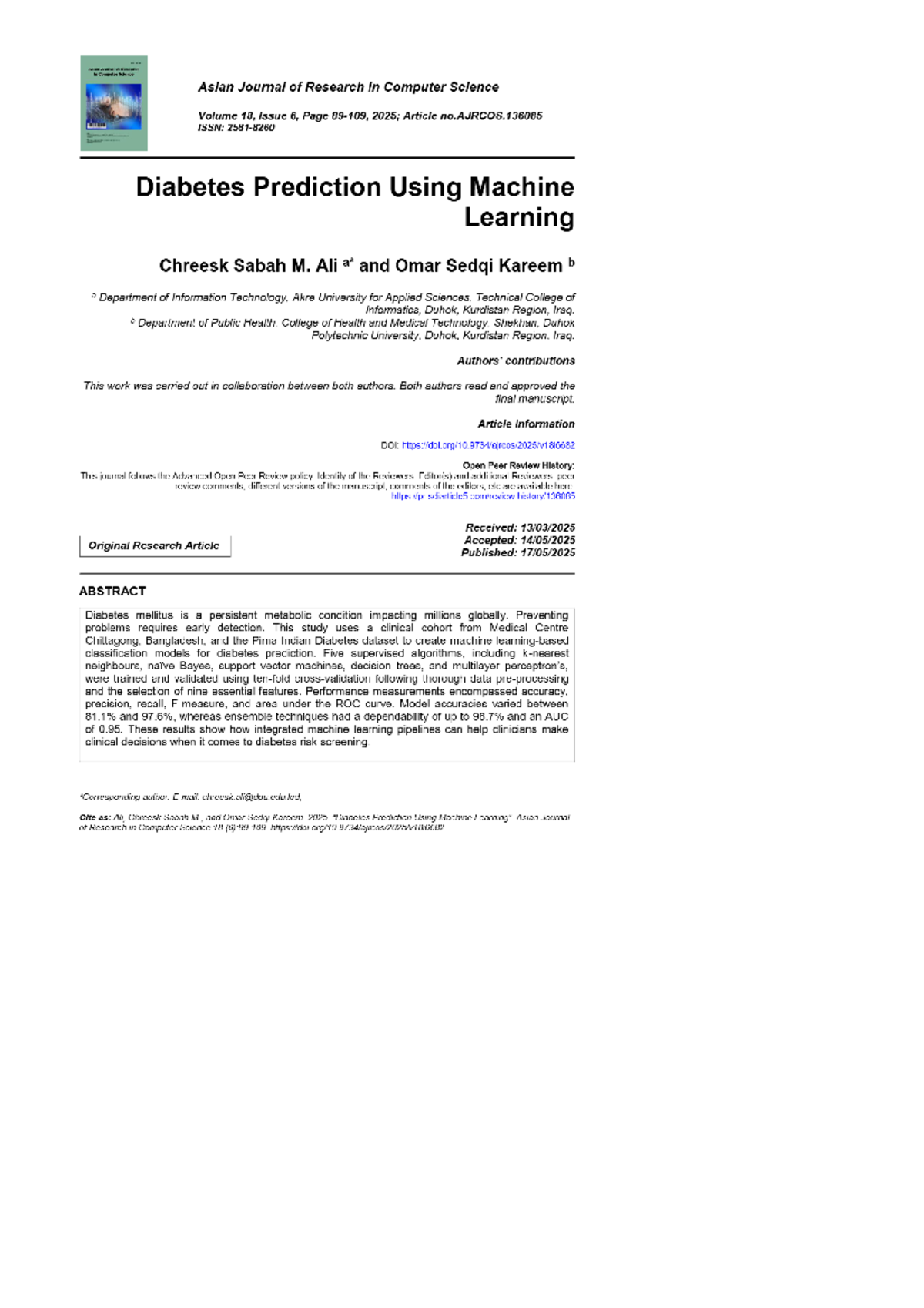 Diabetes Prediction Using ML Techniques: AJRCOS 18(6) Article AJRCOS ...