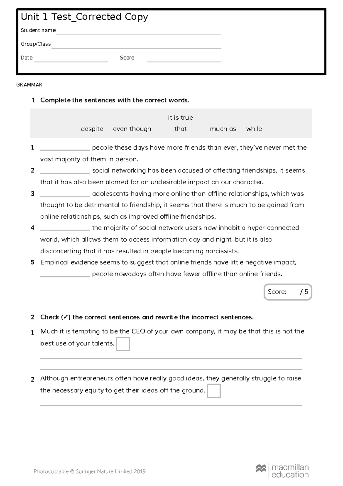 Unit 1 Practice Test - more - Unit 1 Test_Corrected Copy Student name ...