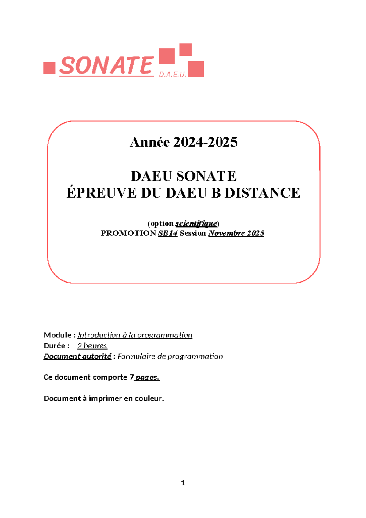 DAEU B - Épreuve de Programmation - Promotion SB14 - Nov 2025 - Studocu