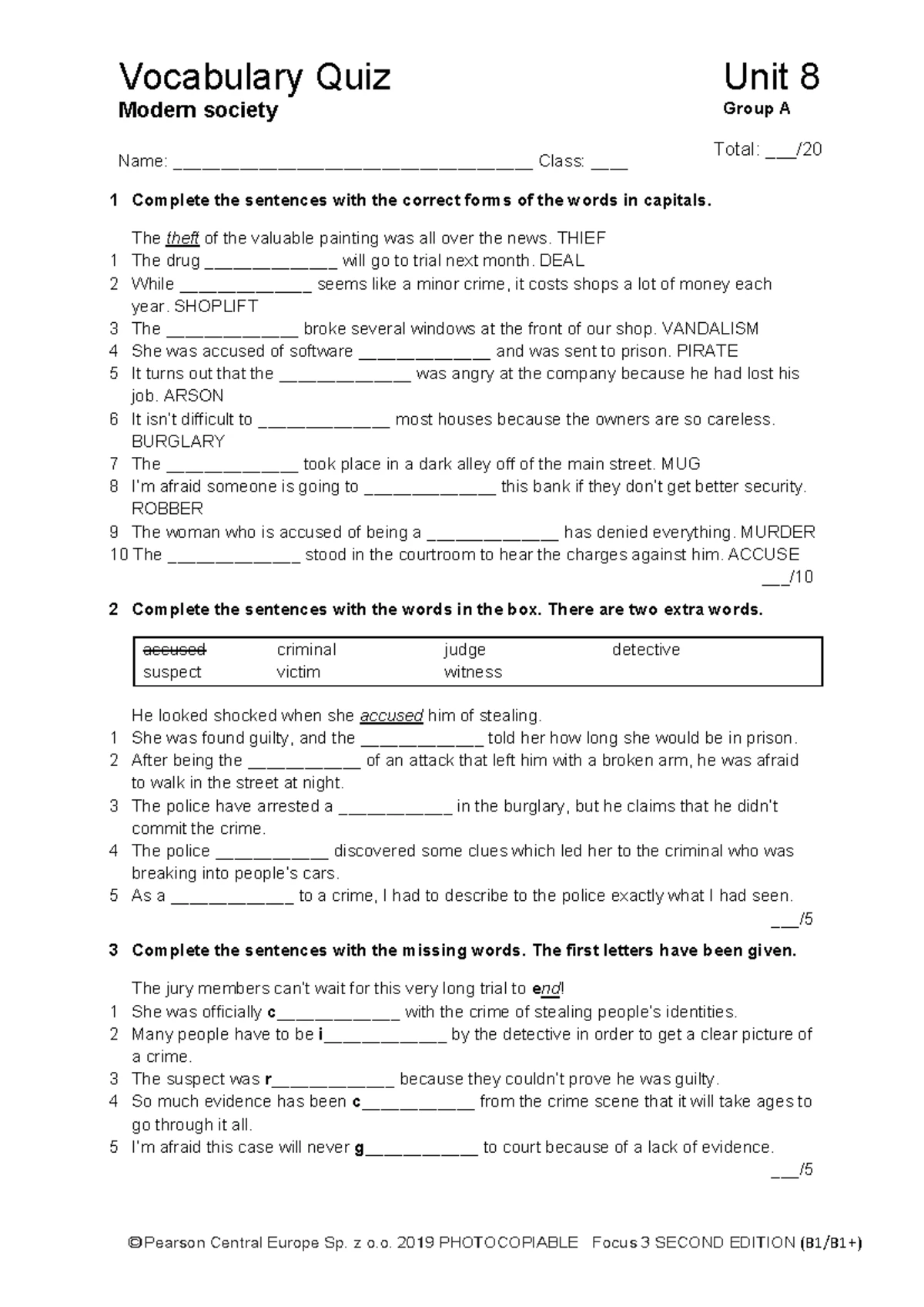 Focus 3 2E Vocabulary Quiz - Unit 8, Group A Evaluation - Studocu