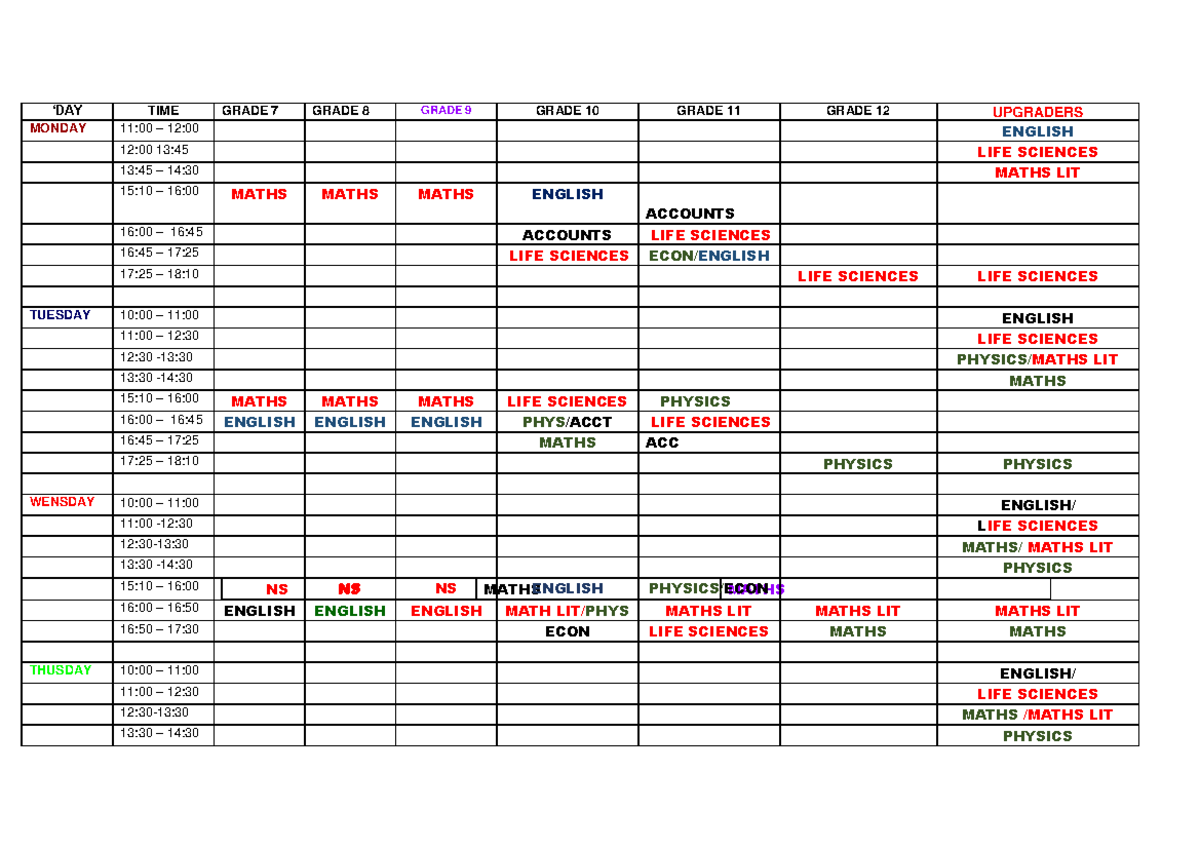 New Timetable for 2025 Academic Year: Grades 7-12 - Studocu
