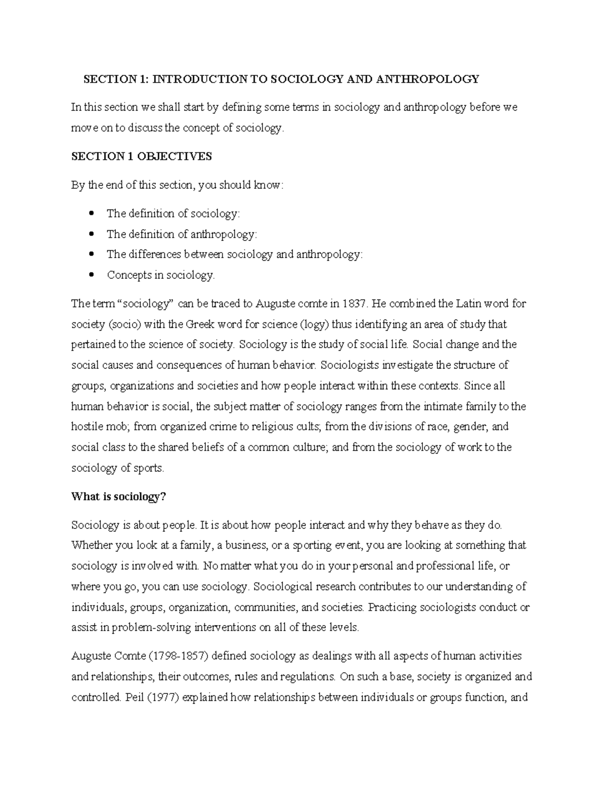 CHA Sociology Lecture Notes: Introduction to Sociology & Anthropology ...