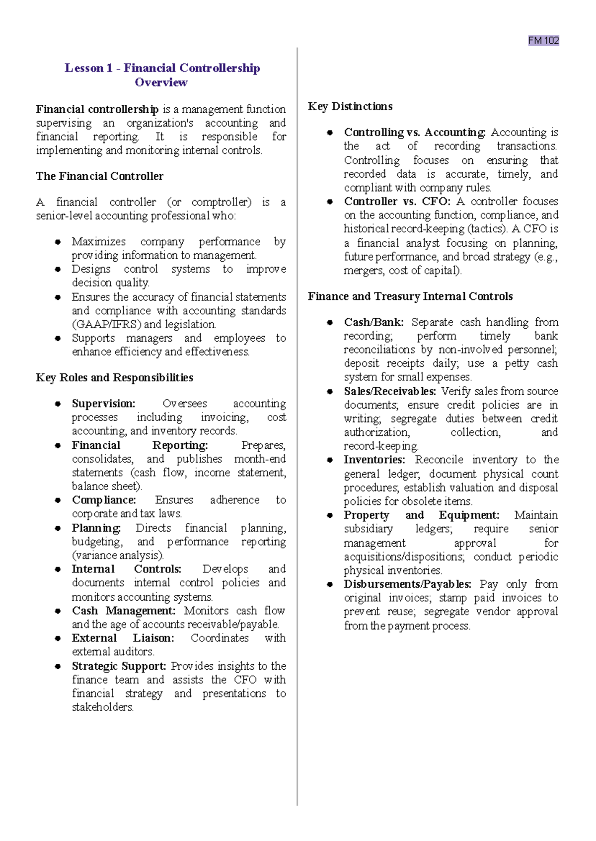 FM 102 Lesson 1: Overview of Financial Controllership - Studocu
