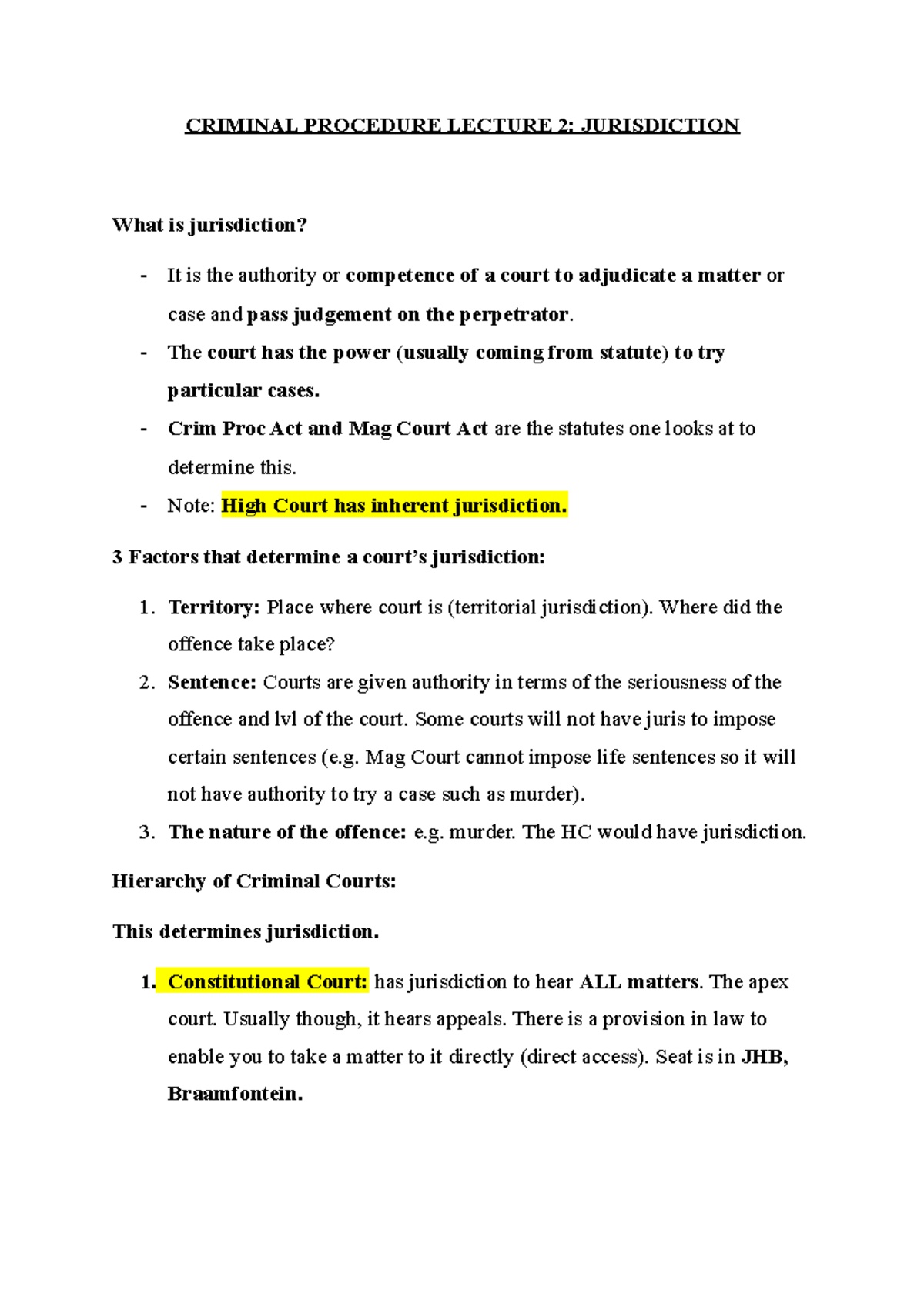 Criminal Procedure Lecture 2: Understanding Jurisdiction in Law - Studocu