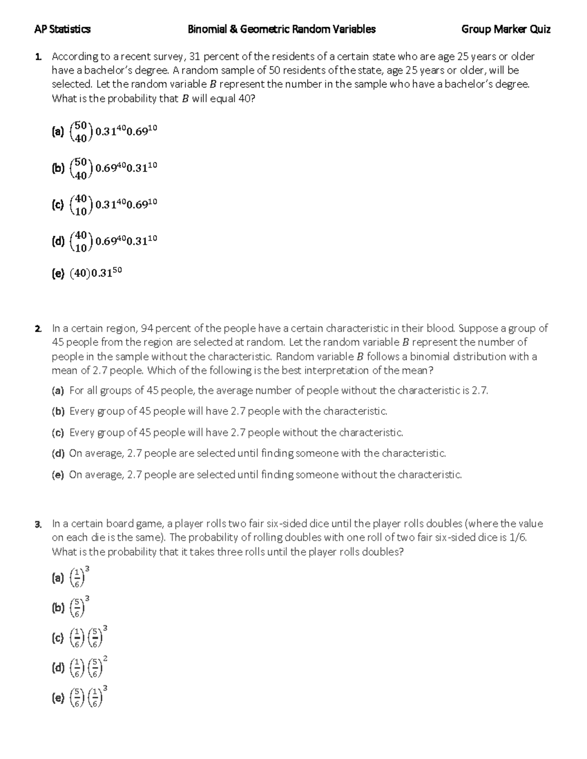 AP Stat 4.10 Binomial & Geometric Group Marker Quiz - AP Statistics ...
