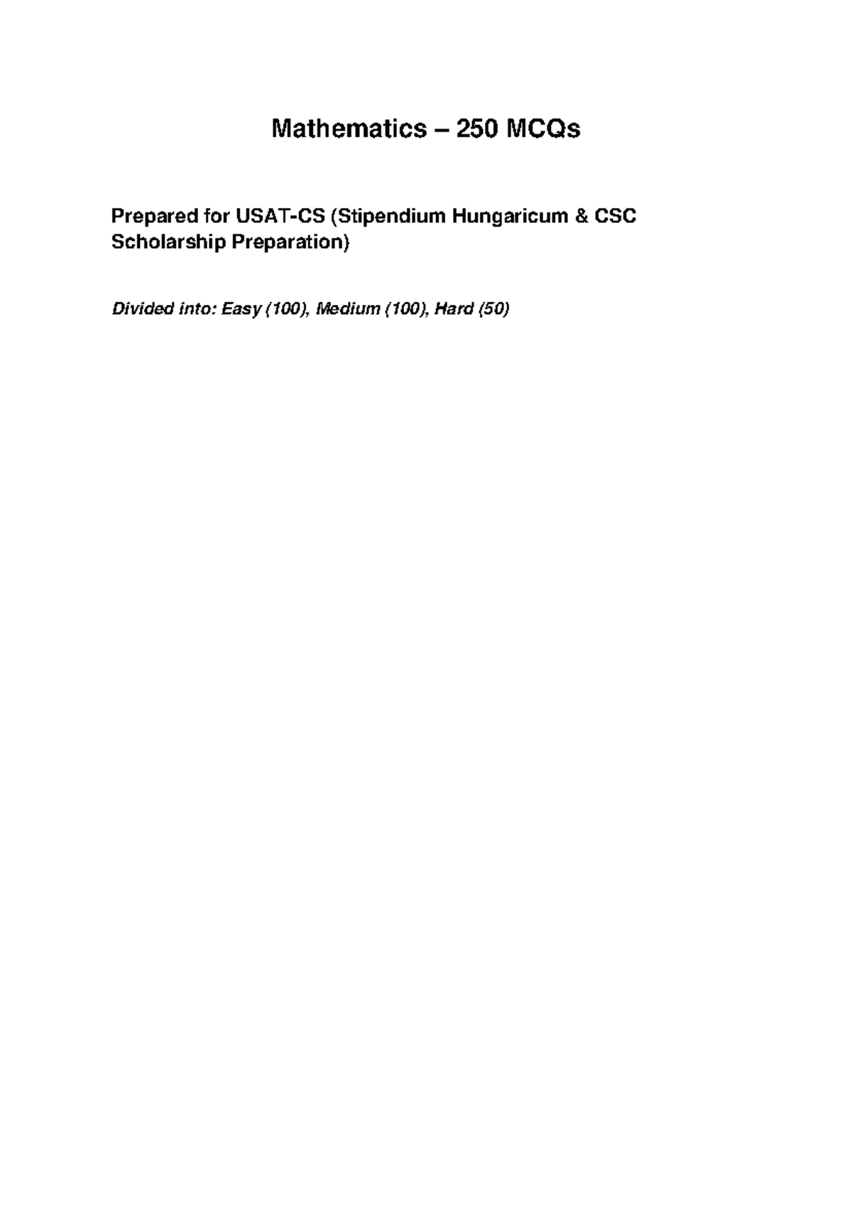 Mathematics 250 MCQs for Stipendium Hungaricum Scholarship Prep - Studocu