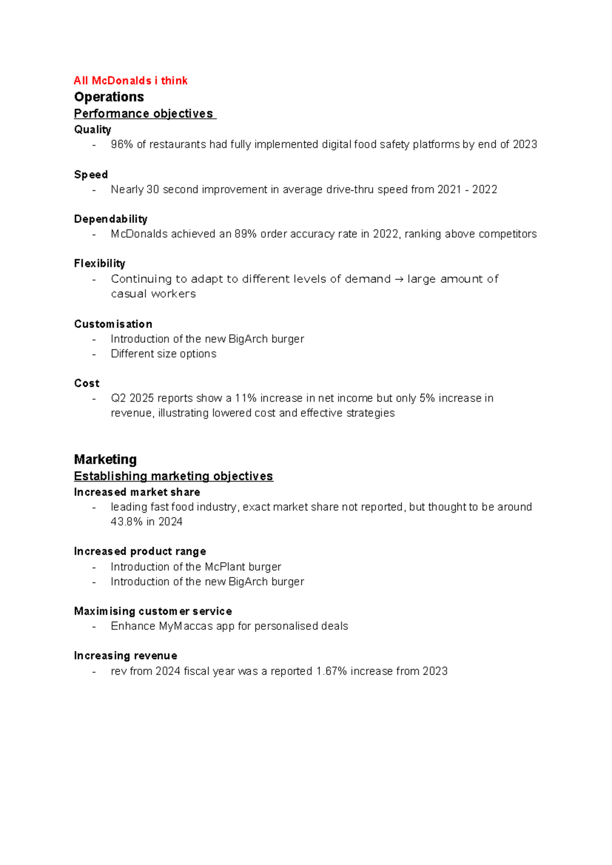 Maccas Case Study: Operations Performance Objectives & Strategies - Studocu