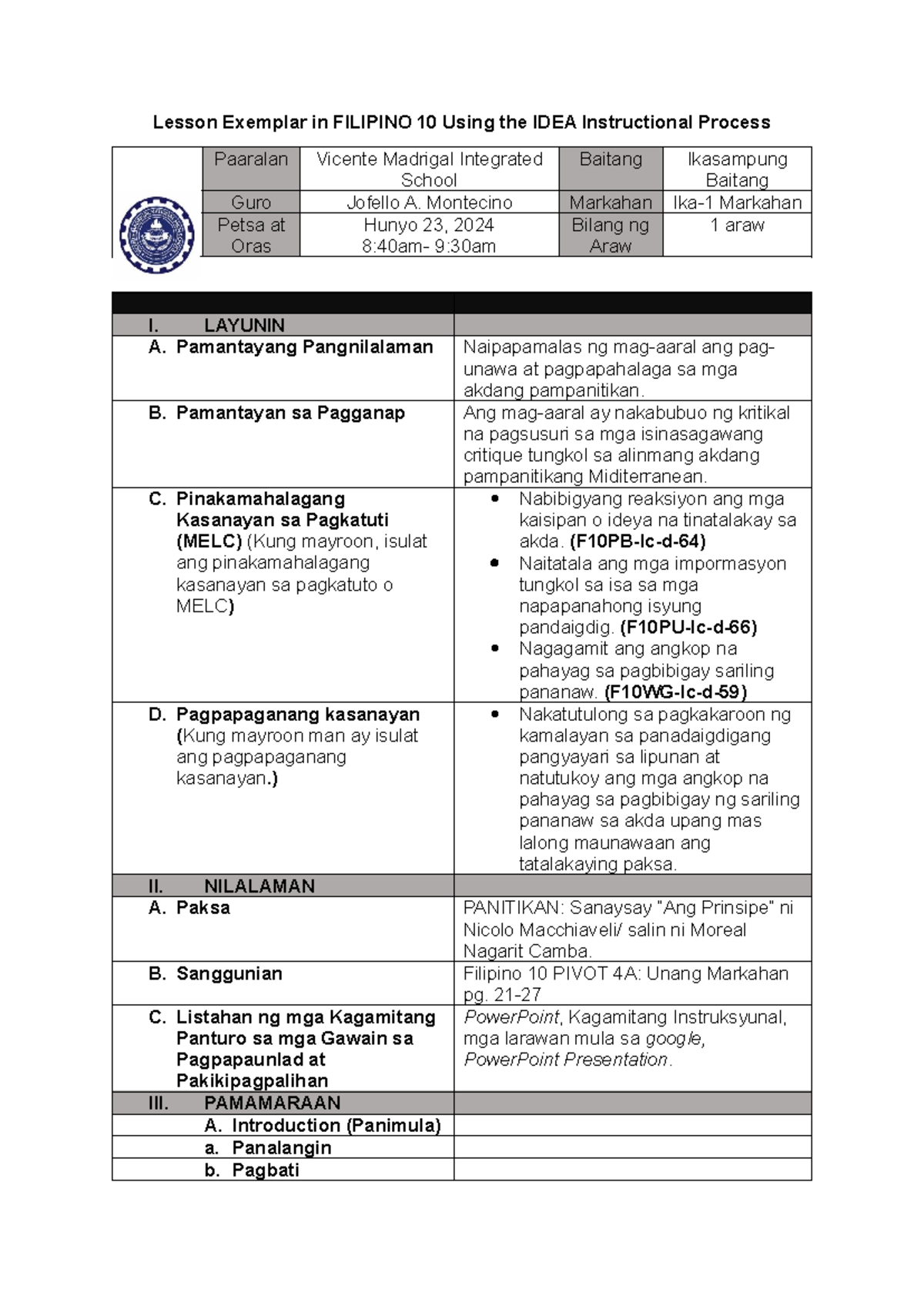 LP Exemplar in FILIPINO 10: Lesson on 