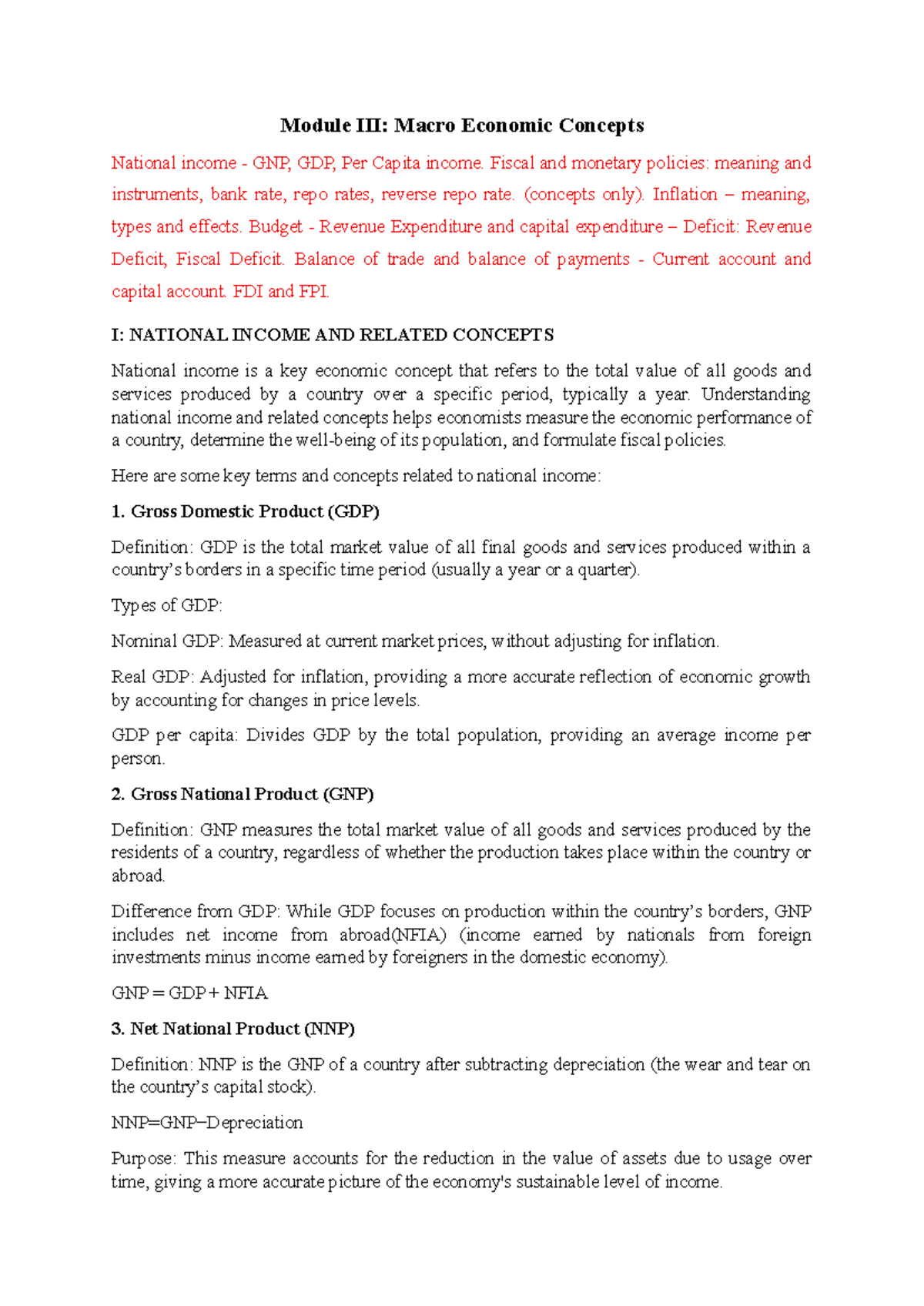 Module 3: Macro Economic Concepts - National Income, GNP, GDP, and ...