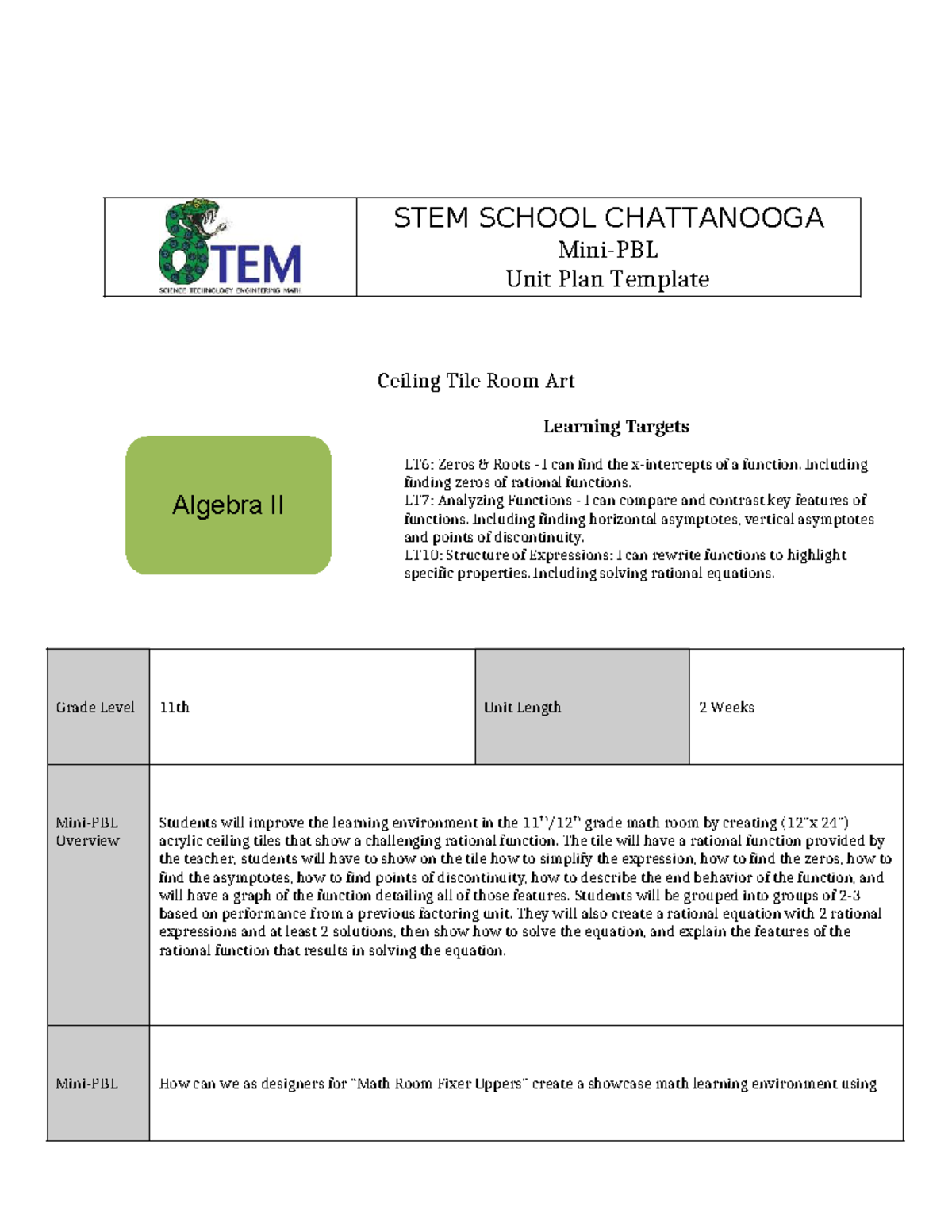 Algebra II PBL: Ceiling Tile Art & Rational Functions Unit Plan - Studocu