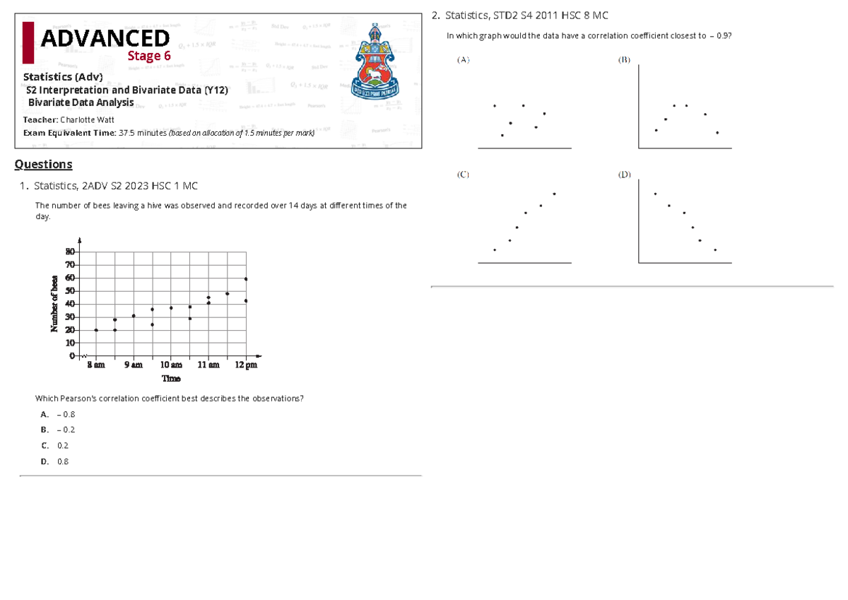 Bivariate Data Analysis - Advanced Stage 6 Statistics (2ADV S2) - Studocu
