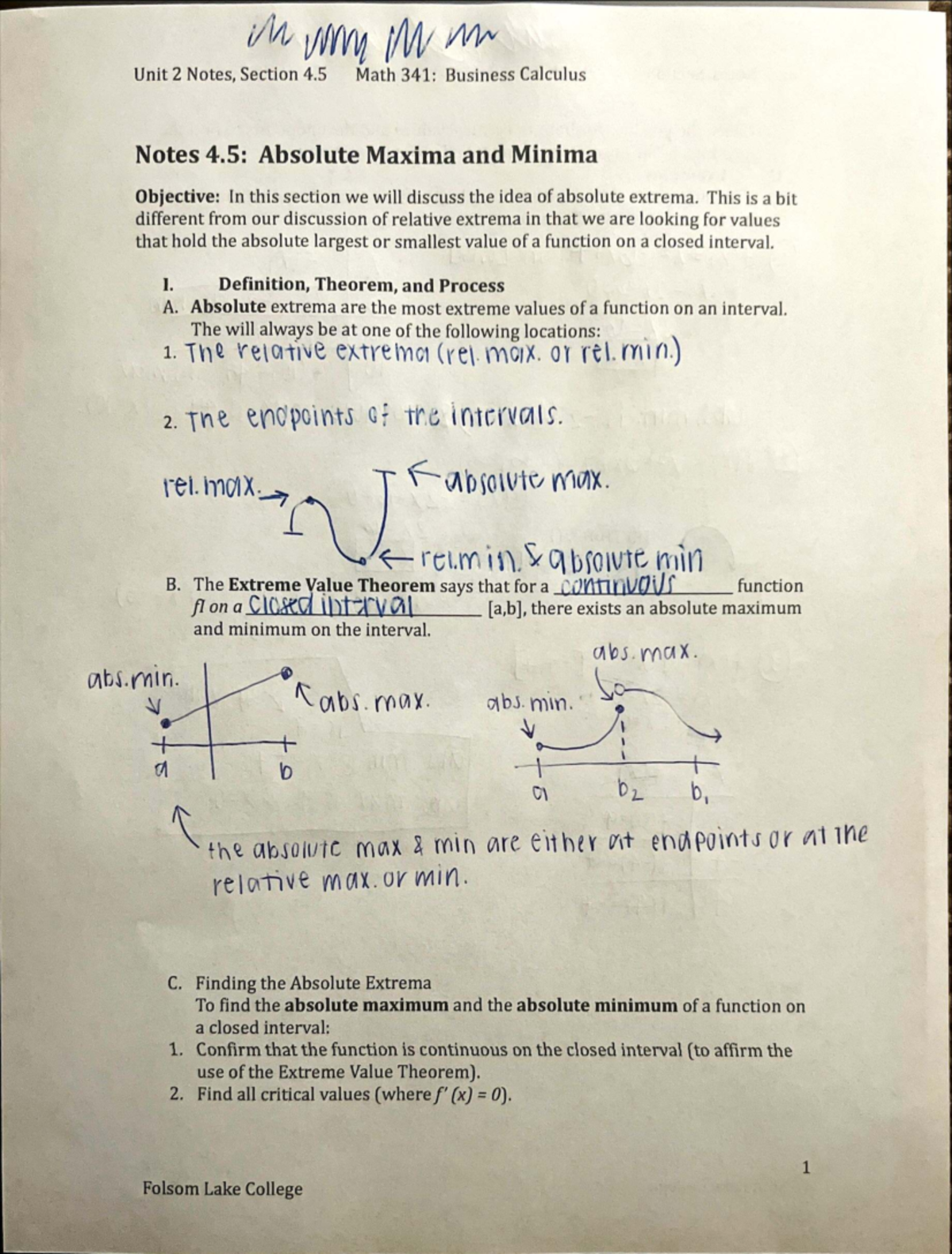 Math 341: Business Calculus Unit 2 Notes on Absolute Extrema - Studocu