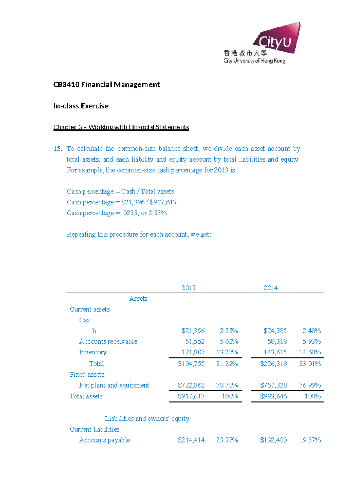 CB3410 Financial Management In-Class Exercise: Ch 3 Financial ...