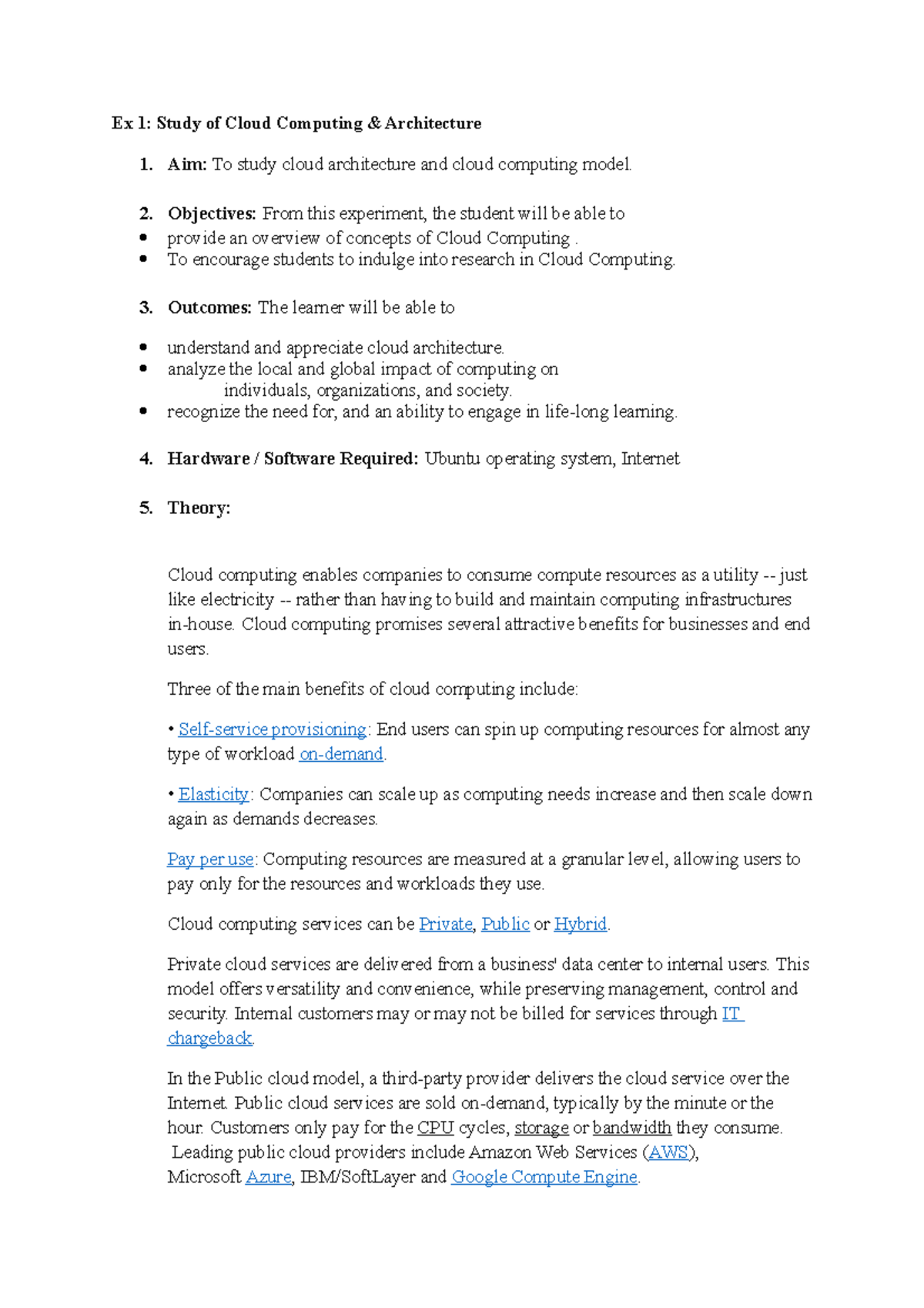 Ex 1 cc - Assignment - Ex 1: Study of Cloud Computing & Architecture ...