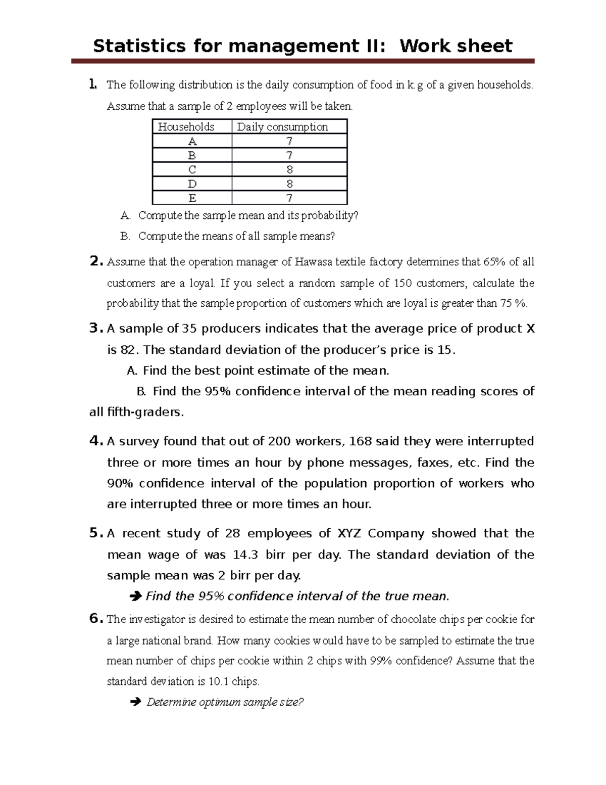 Statistics for Management II: Essential Worksheet for Estimation - Studocu