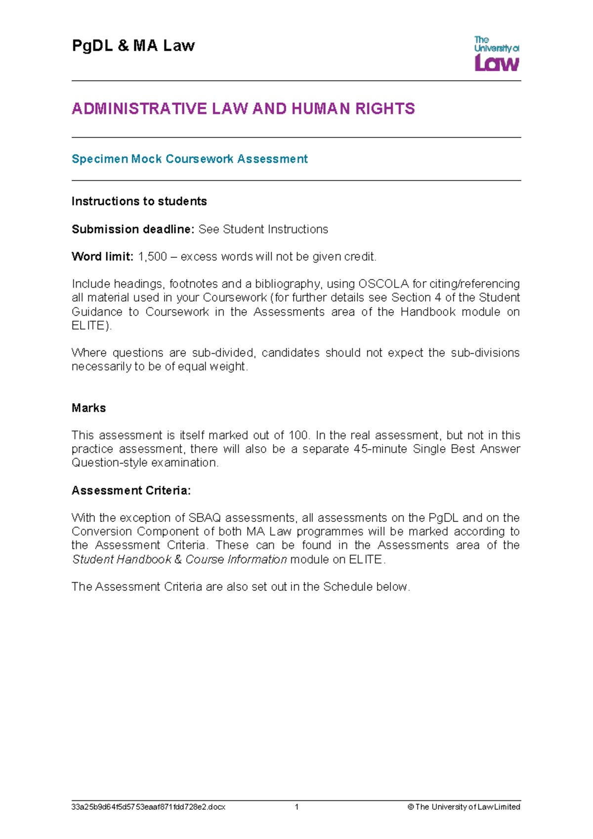 PgDL MA Law Administrative Law & Human Rights Specimen Mock Assessment ...