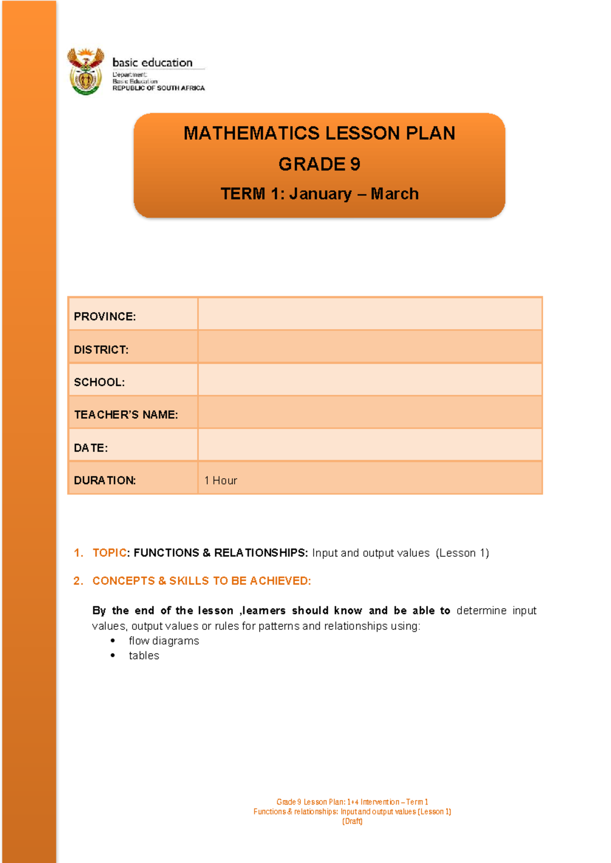 Grade 9 Mathematics Lesson Plan: Functions & Relationships (Term 1 ...