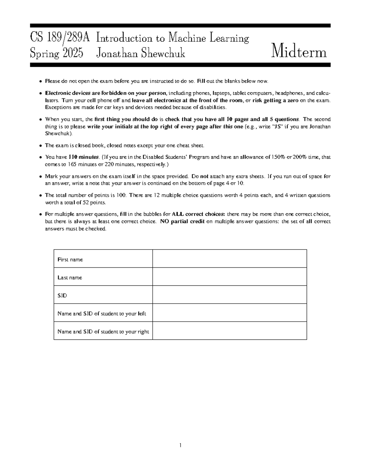 CS 123: Introduction to Machine Learning Spring 2025 Midterm Exam ...