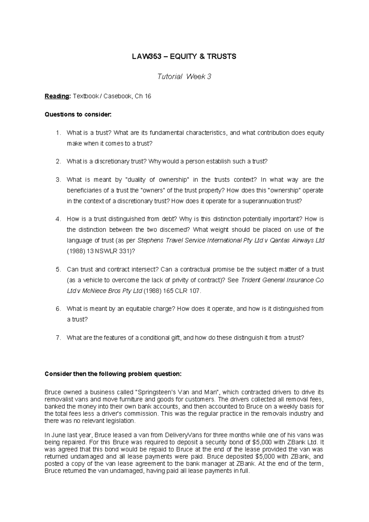 LAW353 EQUITY TRUSTS Tutorial Week 3: Key Concepts & Case Analysis ...
