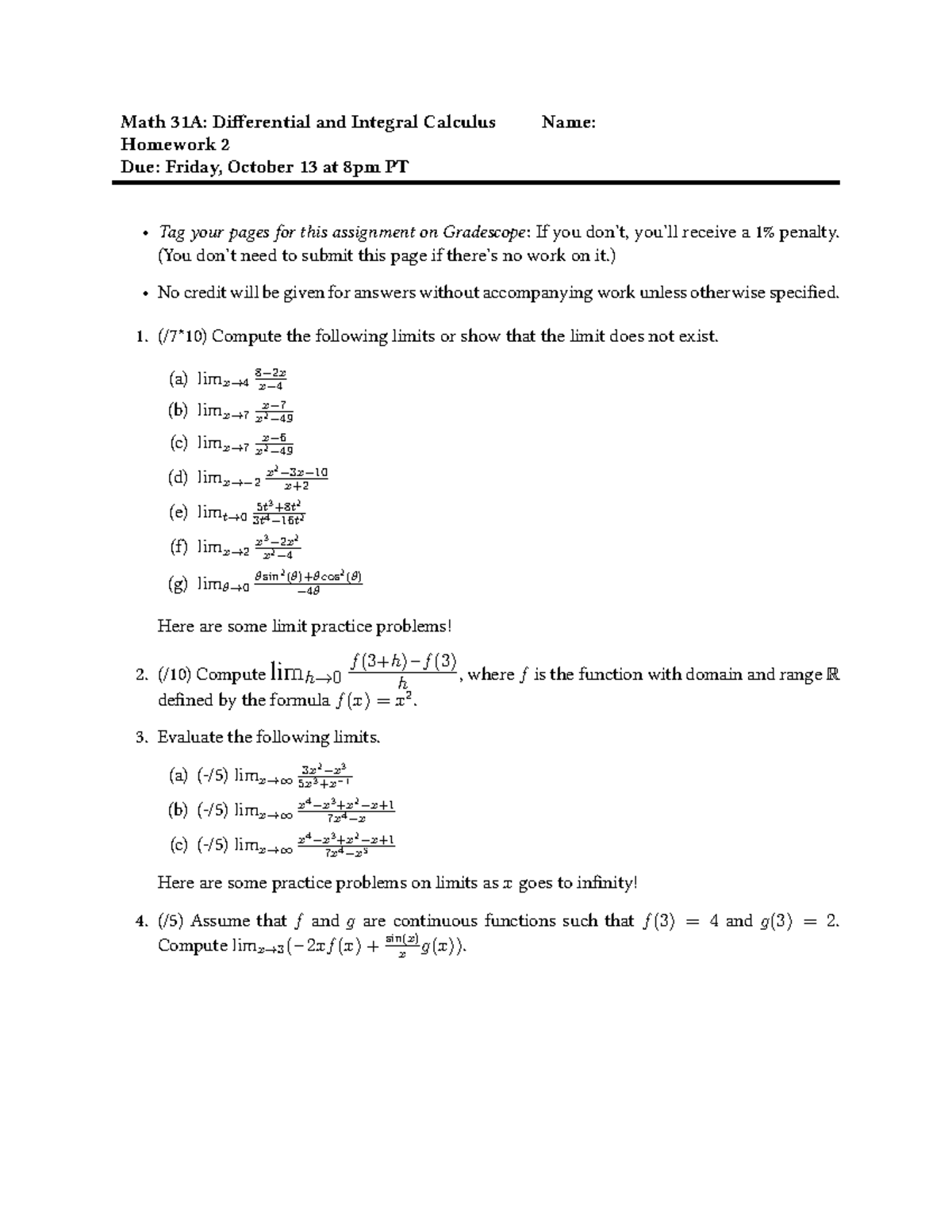 Math 31A: Homework 2 - Limits Practice Worksheet - Studocu