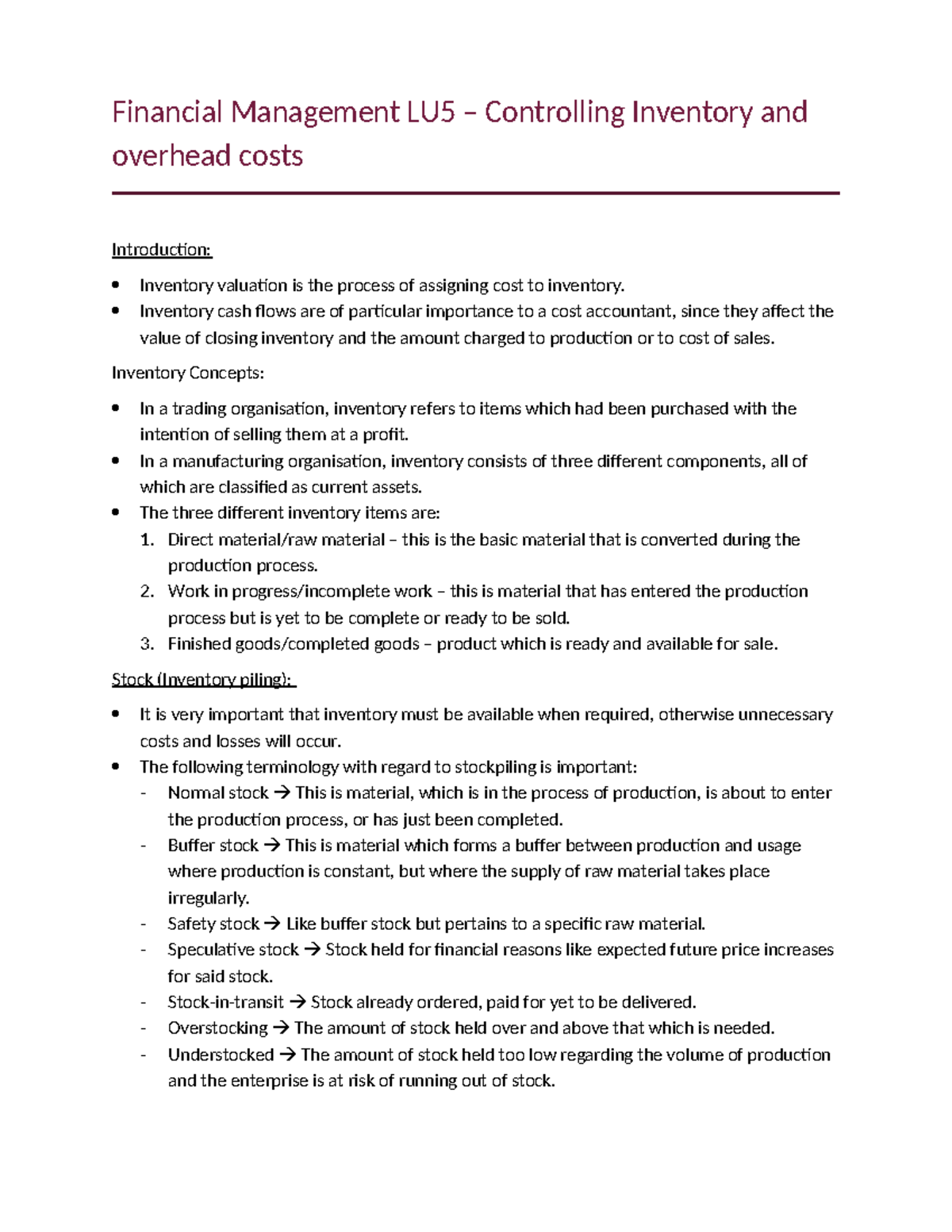 Financial Management LU5: Controlling Inventory & Overhead Costs ...