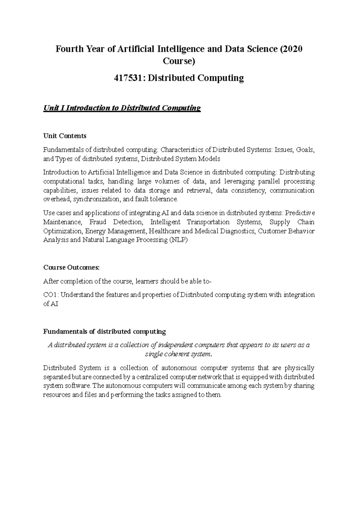 DC 417531: Unit I Notes on Distributed Computing Fundamentals - Studocu