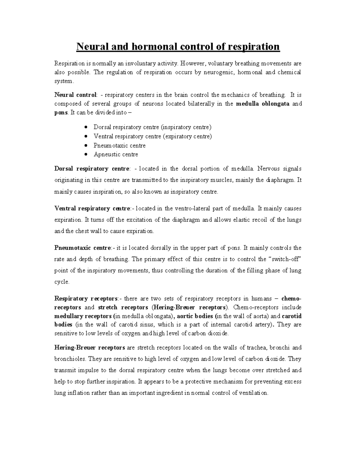 Neural and Hormonal Control of Respiration: Overview and Mechanisms ...