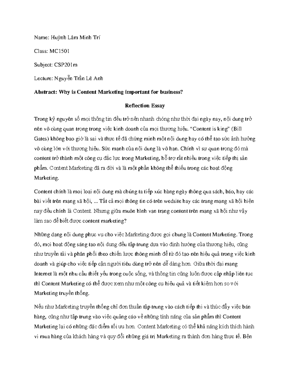 CSP201m Reflection Essay: The Importance of Content Marketing in ...