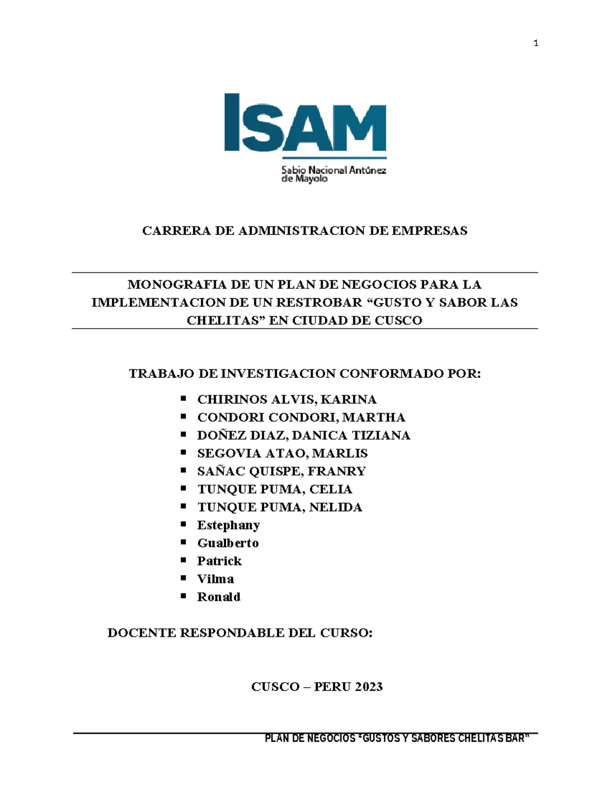 Monografía CUSCO - Plan de Negocios Restobar "Gusto y Sabor" 2023 - Document Preview