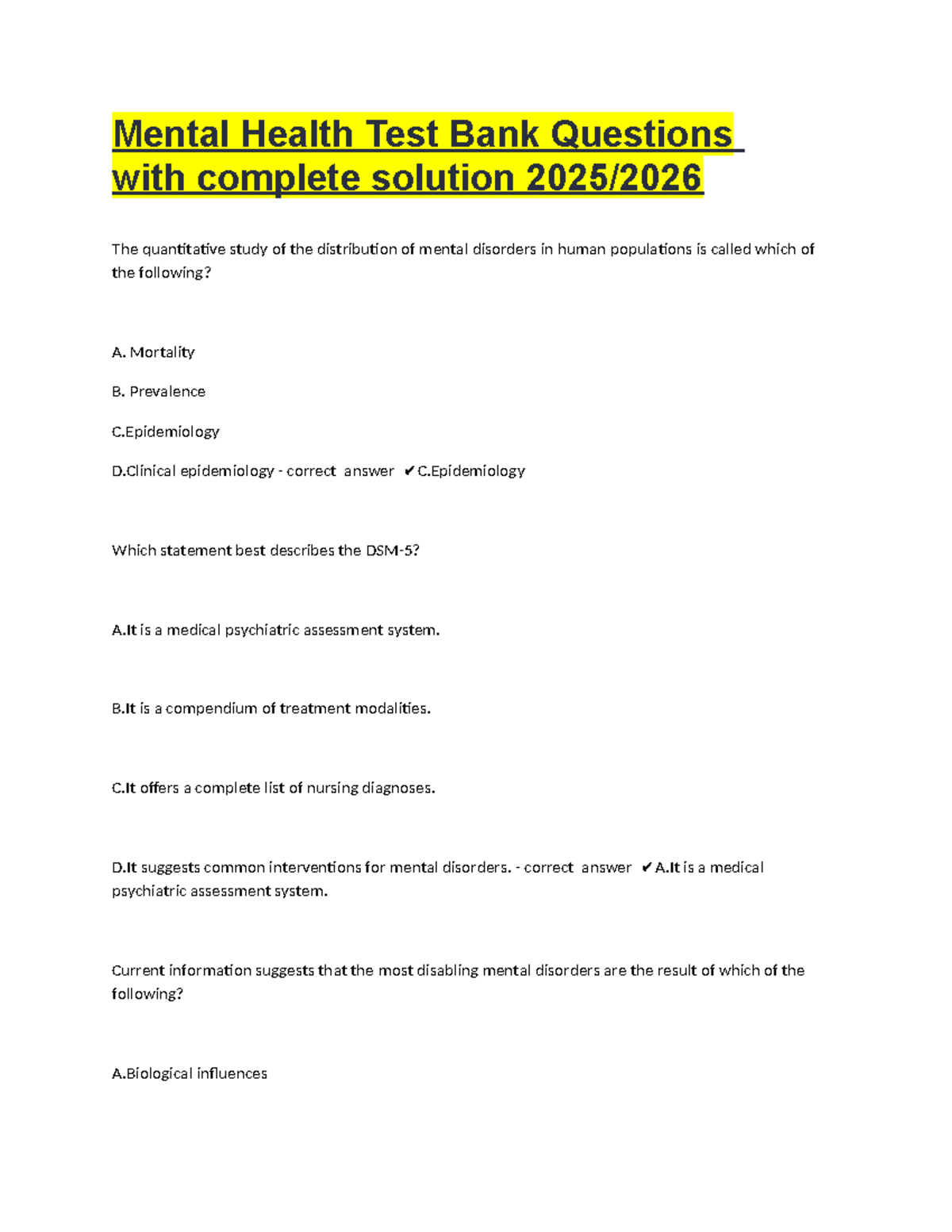 Mental Health Test Bank Questions & Solutions 2025 - Studocu