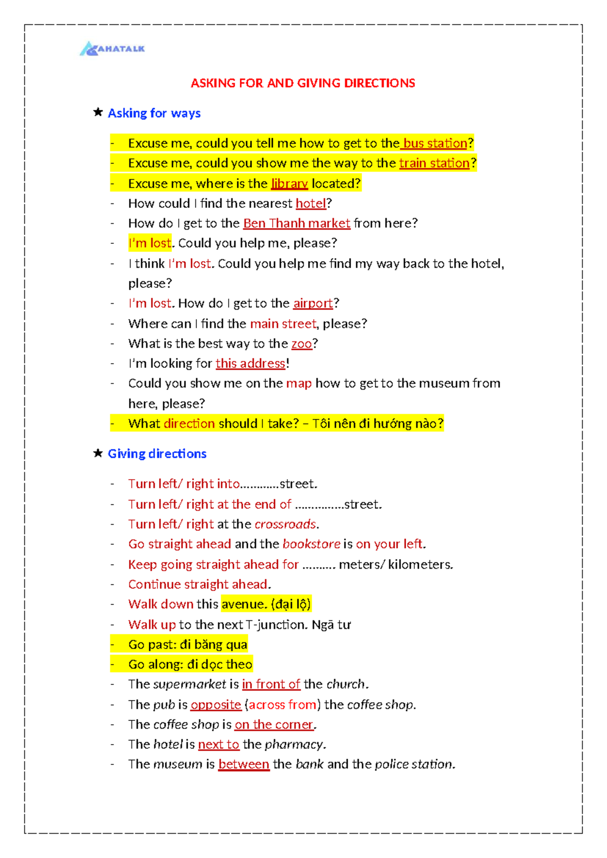 Directions for Asking and Giving Directions 2K12 - Studocu