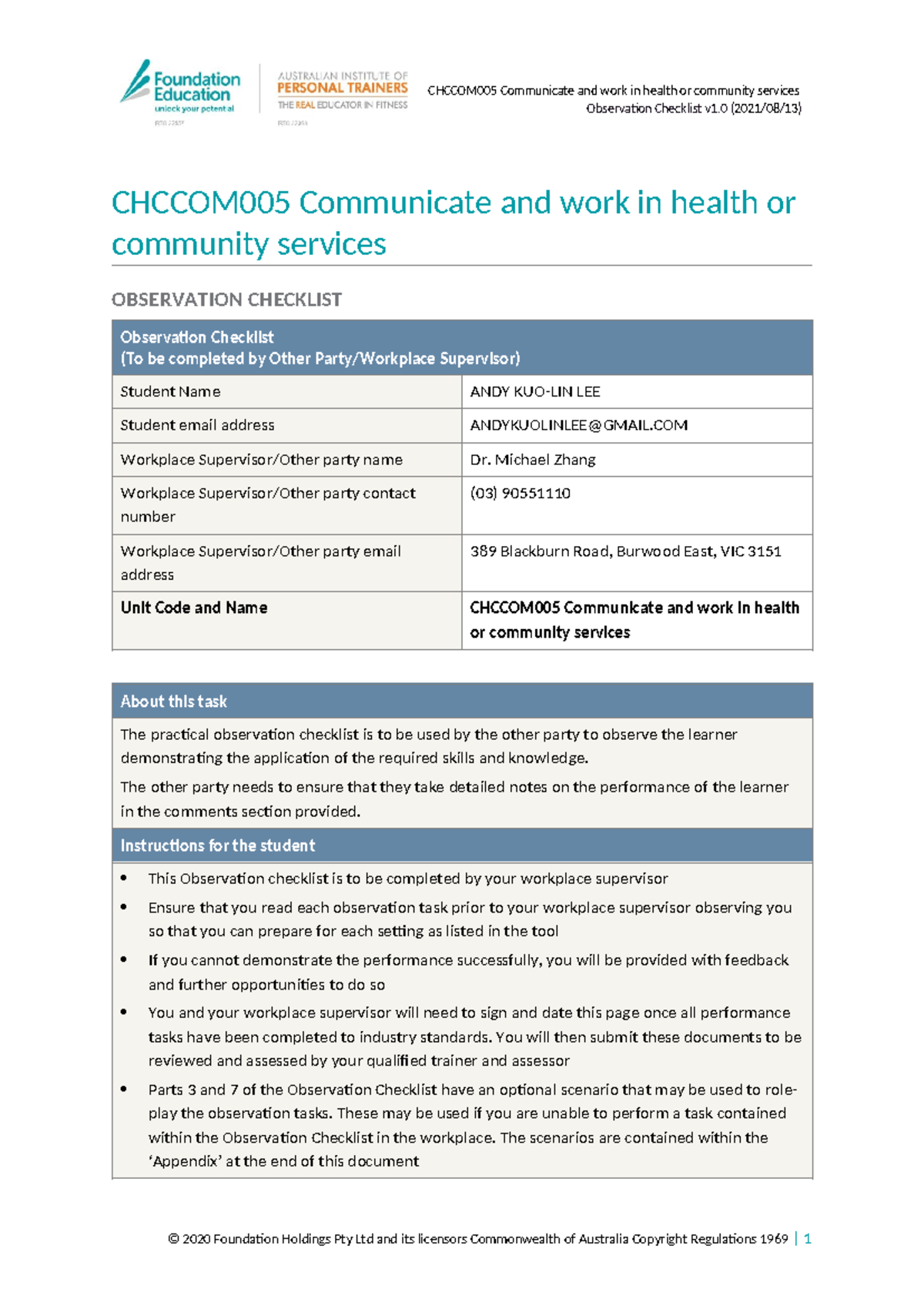 CHCCOM005 Observation Checklist for Communicating in Health Services ...
