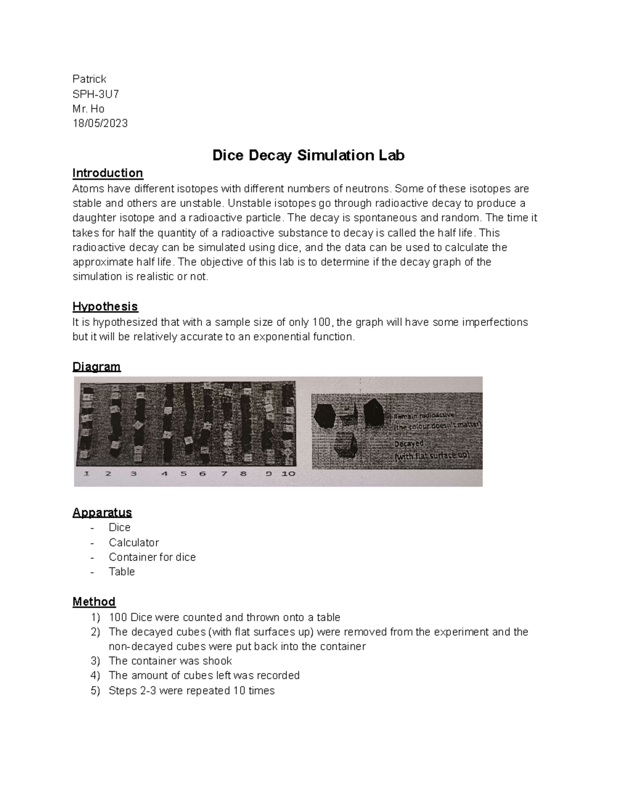Dice Decay Simulation Lab - SPH-3U IB Physics Lab Report - Studocu