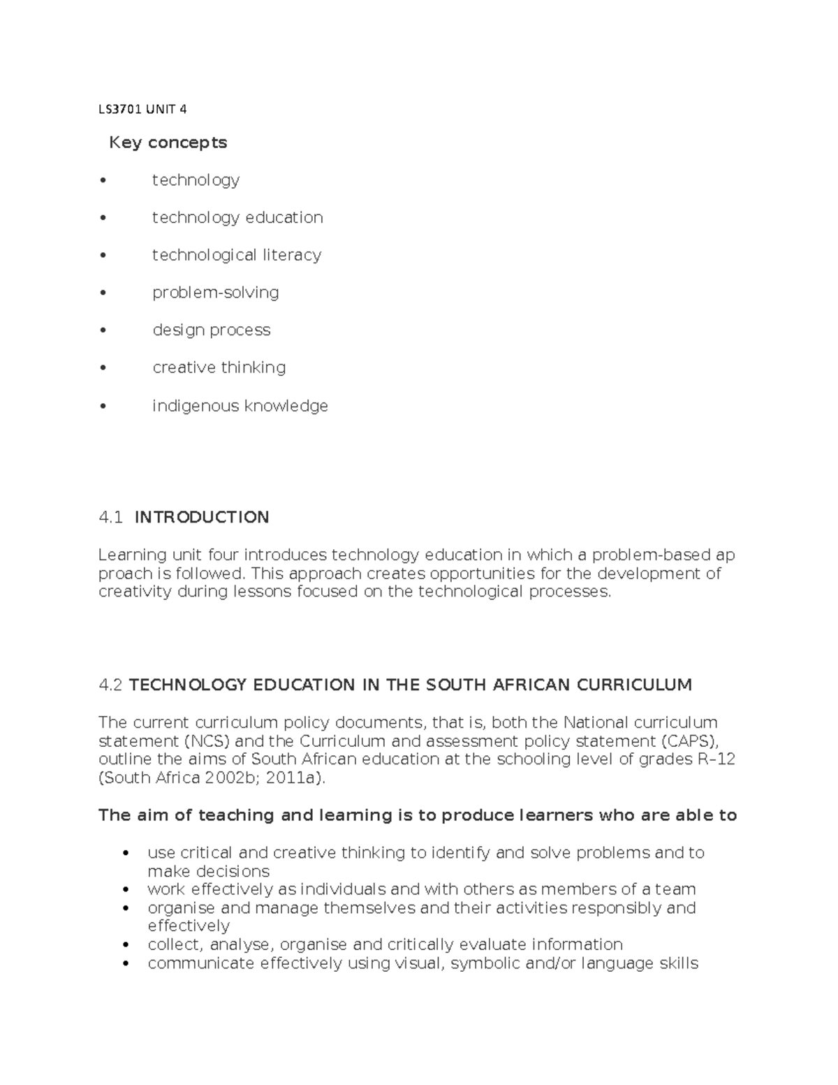 LS3701 UNIT 4 - Technology Education and Problem-Solving Insights - Studocu