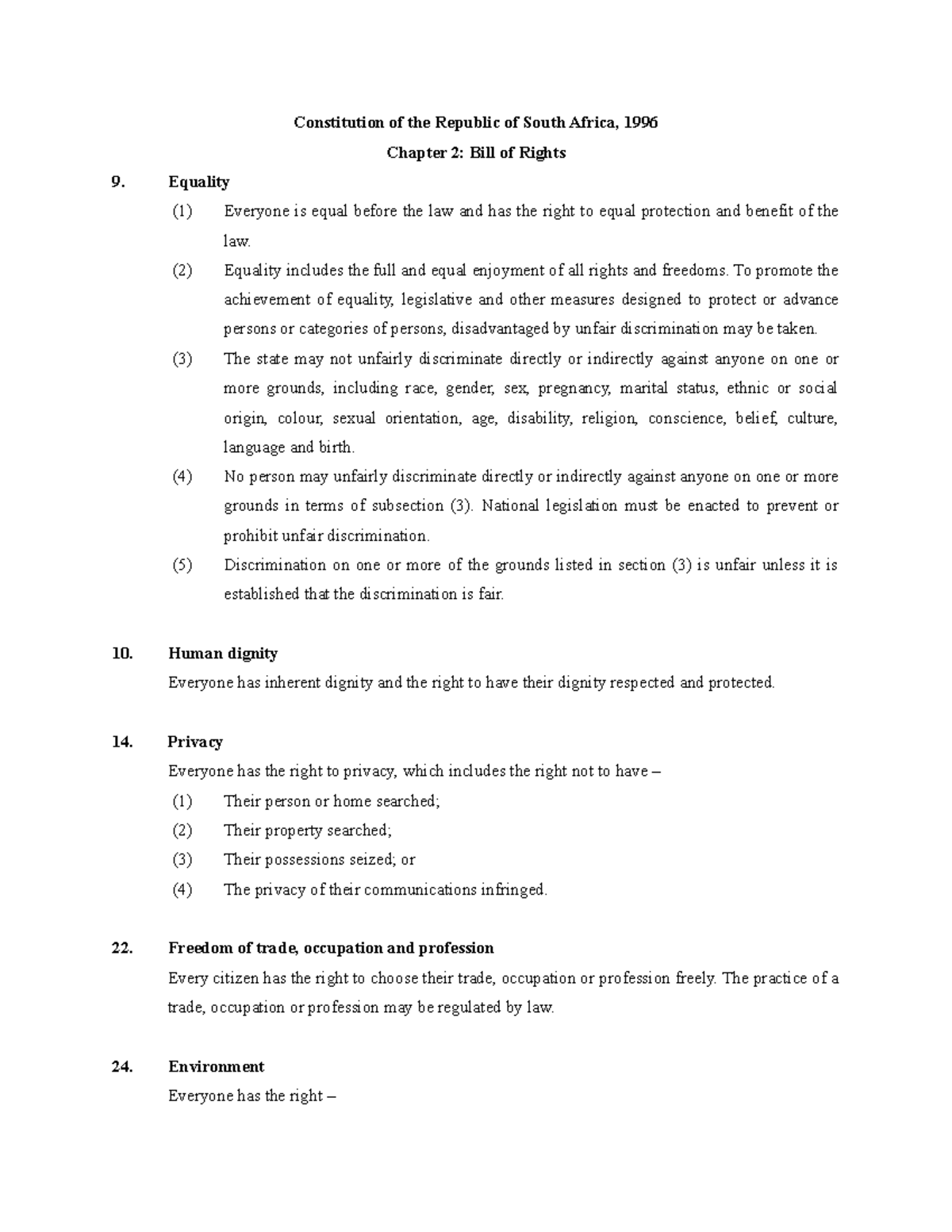Constitution of South Africa 1996: Chapter 2 - Bill of Rights - Studocu