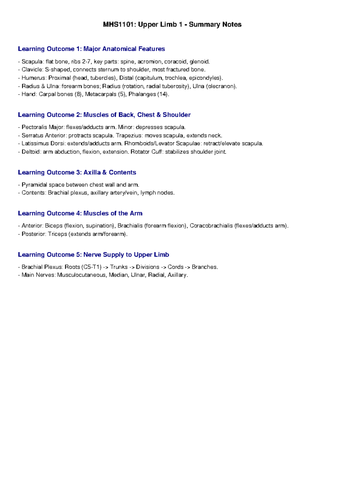 MHS1101: Upper Limb 1 Summary Notes on Anatomy and Muscles - Studocu