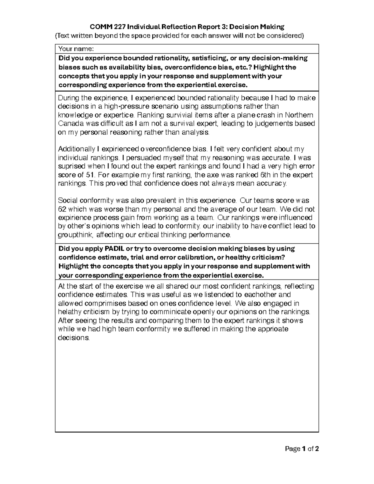 COMM 227 Individual Reflection Report 3: Decision Making Insights - Studocu