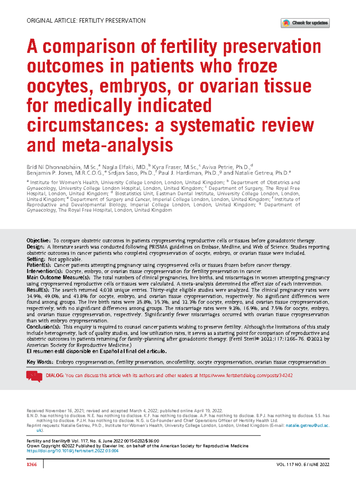 A comparison of fertility preservation outcomes in - A comparison of ...