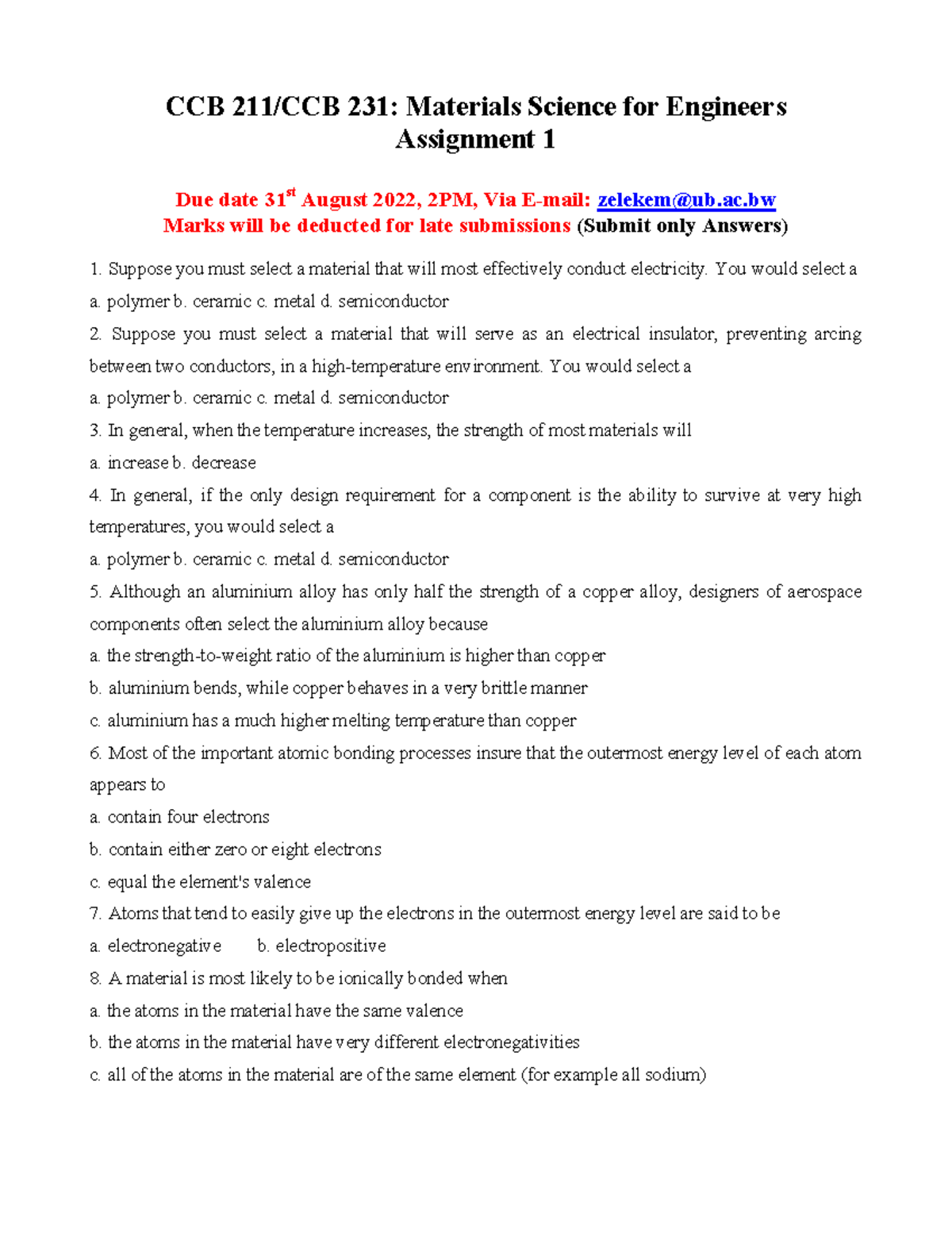 CCB 231: Materials Science Assignment 1 - Key Concepts and Questions ...