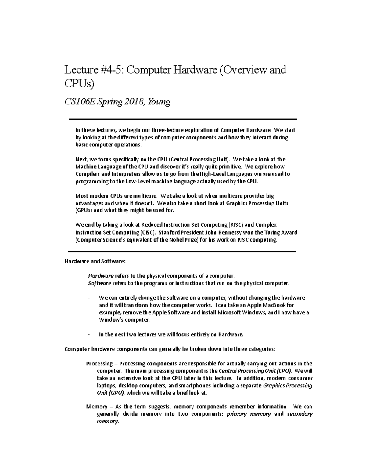 CS106E L04-5: Hardware Overview & CPU Lecture Notes - Studocu