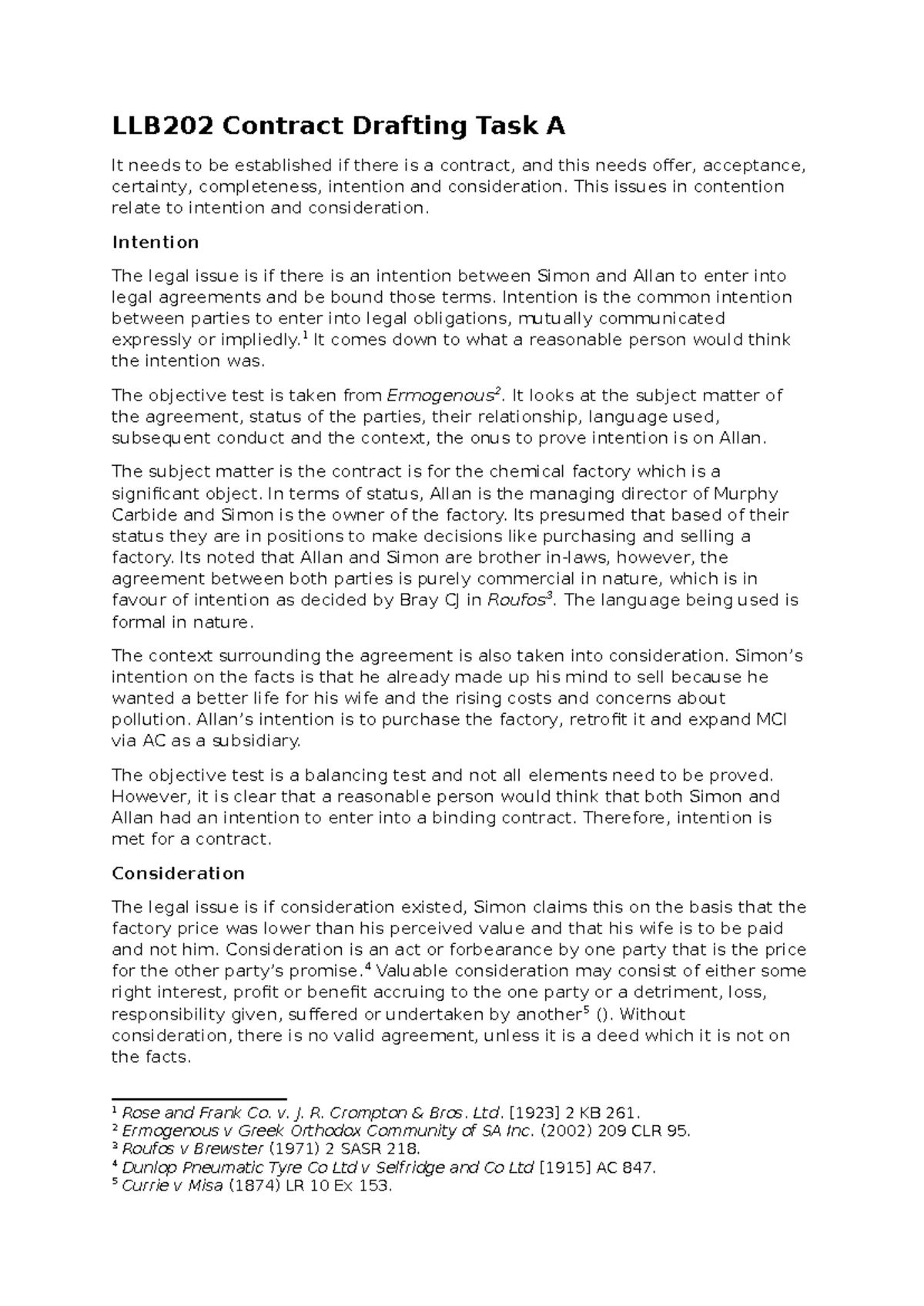 LLB202 Contract Drafting: Analysis of Intention & Consideration - Studocu