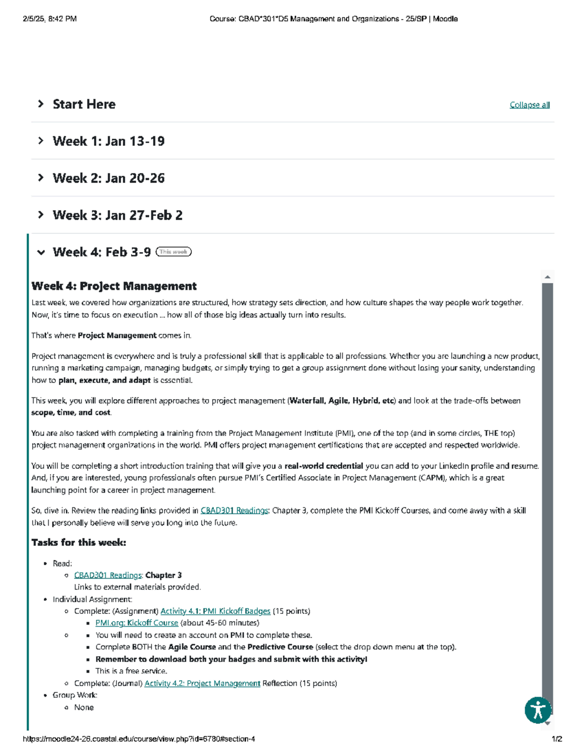 Week 4 Project Management - 2/5/25, 8:42 PM Course: CBAD301D5 ...